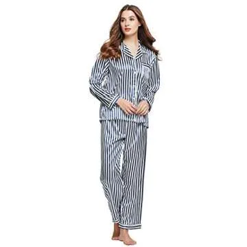 TONY & CANDICE Women's Classic Satin Pajama Set Blue White Stripes