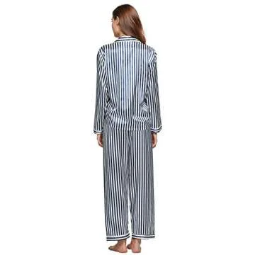 TONY & CANDICE Women's Classic Satin Pajama Set Blue White Stripes