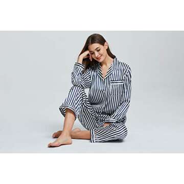 TONY & CANDICE Women's Classic Satin Pajama Set Blue White Stripes