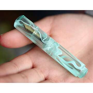 MAJOHN Wancai Mini Fountain Pen Ink Transparent Pocket-Size Travel Short Pen Fine Nib 0.5mm Writing Gift Pen with 6 PCS Black Ink Cartridges - Mint Green Pattern