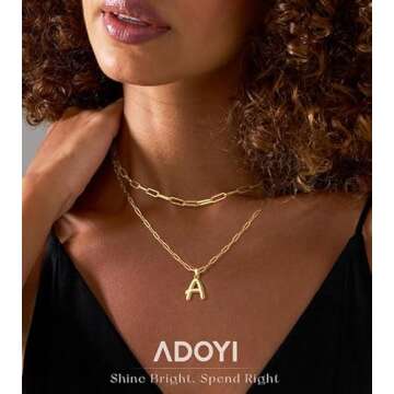 adoyi Gold Bubble Letter Necklace Balloon Initial Necklace for Women Trendy - 18K Gold Plated Layere...
