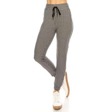 ALWAYS Women Drawstrings Jogger Sweatpants - Skinny Fit Premium Soft Stretch Plaid Checkered Pockets Striped Track Pants Black White US M (Tag L/XL)