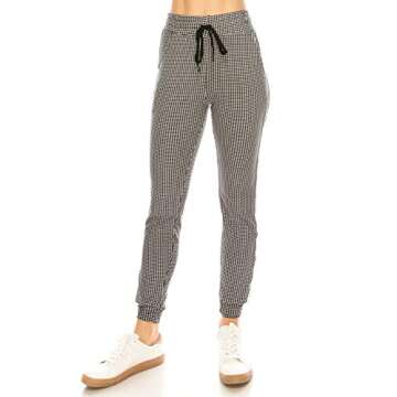 ALWAYS Women Drawstrings Jogger Sweatpants - Skinny Fit Premium Soft Stretch Plaid Checkered Pockets Striped Track Pants Black White US M (Tag L/XL)