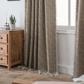 ENJOYBRIDAL Floral Living Room Curtains 84 Inches Boho Drapes Jacquard Semi Sheer Bedroom Patterned Window Curtains Farmhouse Country Rod Pocket Aesthetic Tassel 2 Panels Window Treatments