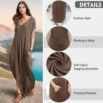 Match Women's V-Neck Casual Loose Short Sleeve Long T-Shirt Dress Split Maxi Dress with Side Pocket (152 Khaki, XL)