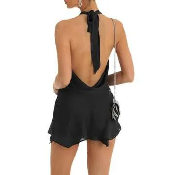 Women Y2K Halter Mini Dress Ruffle Trim V Neck Short Dress Ruched Open Back Bodycon Party Dresses Sexy Clubwear A-Black
