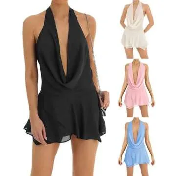 Women Y2K Halter Mini Dress Ruffle Trim V Neck Short Dress Ruched Open Back Bodycon Party Dresses Sexy Clubwear A-Black