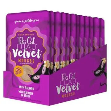 Tiki Cat Luau Velvet Mousse, Salmon in Broth, Complete Nutrition for Balanced Diet, Wet Cat Food For All Life Stages, 2.8 oz. Pouch (Pack of 12)