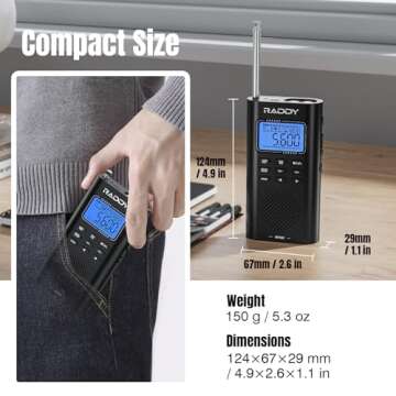Raddy RF886 Portable Shortwave Radio AM/FM/SW/VHF/WB Digital Radio BT Connection with NOAA and Alert, Rechargeable Pocket Radio w/ 9.85 Ft Wire Antenna