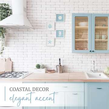 TideAndTales Ocean Beach Themed Room Decor (Framed Set of 4) Coastal 3D Wall Art with Starfish, Seah...