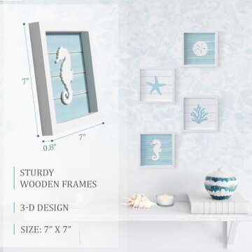 TideAndTales Ocean Beach Themed Room Decor (Framed Set of 4) Coastal 3D Wall Art with Starfish, Seahorse, Sand Dollar and Coral - Turquoise Coastal Room Decor - Seashell Beach Decorations for Home