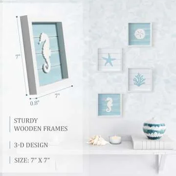TideAndTales Ocean Beach Themed Room Decor (Framed Set of 4) Coastal 3D Wall Art with Starfish, Seahorse, Sand Dollar and Coral - Turquoise Coastal Room Decor - Seashell Beach Decorations for Home