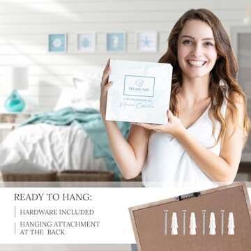 TideAndTales Ocean Beach Themed Room Decor (Framed Set of 4) Coastal 3D Wall Art with Starfish, Seahorse, Sand Dollar and Coral - Turquoise Coastal Room Decor - Seashell Beach Decorations for Home