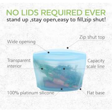 ZIP STANDING Reusable food container, silicone bag, 6 Pcs Zip Containers Can be used for fruit and vegetable snacks, etc. Microwave Dishwasher and Freezer Usable (blue)…