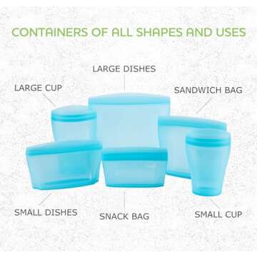 ZIP STANDING Reusable food container, silicone bag, 6 Pcs Zip Containers Can be used for fruit and vegetable snacks, etc. Microwave Dishwasher and Freezer Usable (blue)…
