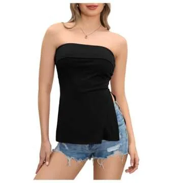 Milumia Women Ribbed Knit Y2K Foldover Split Hem Tube Top Casual Summer Strapless Bandeau Tank Tops Black X-Small