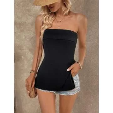 Milumia Women Ribbed Knit Y2K Foldover Split Hem Tube Top Casual Summer Strapless Bandeau Tank Tops Black X-Small