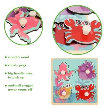 Wooden Peg Puzzles for Toddlers 1-3, Kids' Educational Preschool Peg Puzzle Toy, Set of 4 Toddler Pu...