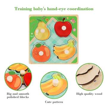 Wooden Peg Puzzles for Toddlers 1-3, Kids' Educational Preschool Peg Puzzle Toy, Set of 4 Toddler Puzzles - Farm, Dinosaur, Fruit and Marine Animals, Ideal Gift for Ages 1 2 3 Boys and Girls