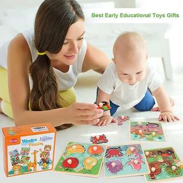 Wooden Peg Puzzles for Toddlers 1-3, Kids' Educational Preschool Peg Puzzle Toy, Set of 4 Toddler Puzzles - Farm, Dinosaur, Fruit and Marine Animals, Ideal Gift for Ages 1 2 3 Boys and Girls