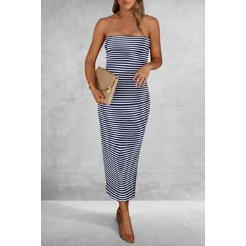 PRETTYGARDEN Women's Summer Bodycon Maxi Tube Dress Ribbed Strapless Side Slit Long Going Out Casual Elegant Party Dresses (Striped Navy White,XX-Large)