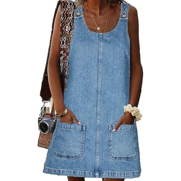 BZB Women's Casual Denim Dress - Vintage Overall Sleeveless with Pockets in Blue