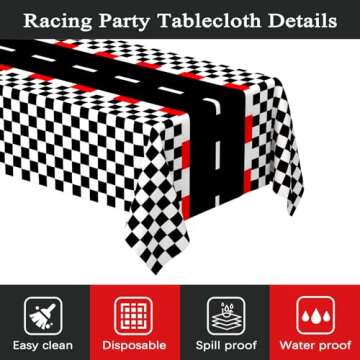WNINK 2 PCS Racing Car Theme Tablecloths Car Disposable Plastic Tablecloths Black Checkered Flag Table Covers Racetrack Rectangular Tablecloth for Race Car Birthday Party Decorations, 54 x 108 Inch