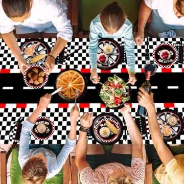 WNINK 2 PCS Racing Car Theme Tablecloths Car Disposable Plastic Tablecloths Black Checkered Flag Table Covers Racetrack Rectangular Tablecloth for Race Car Birthday Party Decorations, 54 x 108 Inch