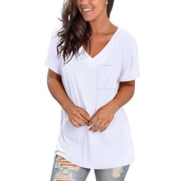 NSQTBA Women's White V Neck T Shirts Short Sleeve Pocket Tshirt Lightweight Soft Tees S