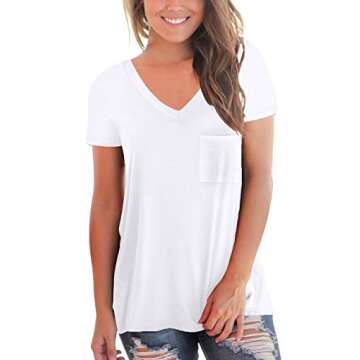 NSQTBA Women's White V Neck T Shirts Short Sleeve Pocket Tshirt Lightweight Soft Tees S