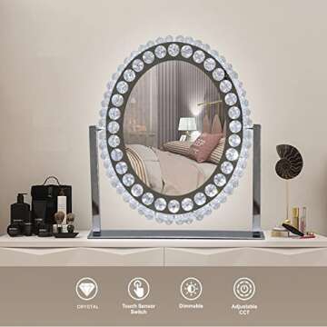 Oval Crystal Vanity Mirror with Lights Large Lighted Mirror Tabletop Makeup Mirror for Bedroom Holly...