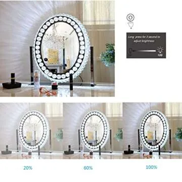 Oval Crystal Vanity Mirror with Lights Large Lighted Mirror Tabletop Makeup Mirror for Bedroom Hollywood Smart Desk Mirror with Touch Lights Plug-in LED Mirror with 3 Color Lights 360°Rotating