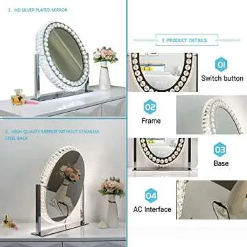 Oval Crystal Vanity Mirror with Lights Large Lighted Mirror Tabletop Makeup Mirror for Bedroom Hollywood Smart Desk Mirror with Touch Lights Plug-in LED Mirror with 3 Color Lights 360°Rotating