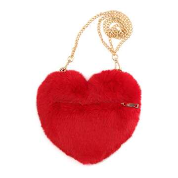 surell - Faux Rex Rabbit Fur Heart Shaped Bag - Fuzzy Crossbody Bag - Cute Fluffy Love Bag with Hear...