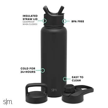 Simple Modern Water Bottle with Straw, Handle, and Chug Lid Vacuum Insulated Stainless Steel Metal Thermos | Large Leak Proof BPA-Free Flask for Gym | Summit Collection | 40oz, Midnight Black