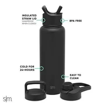 Simple Modern Water Bottle with Straw, Handle, and Chug Lid Vacuum Insulated Stainless Steel Metal Thermos | Large Leak Proof BPA-Free Flask for Gym | Summit Collection | 40oz, Midnight Black