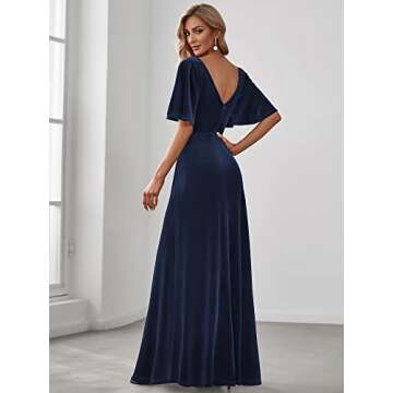 Ever-Pretty Women's Retro Evening Gown A Line V-Neck Wrap Velvet Long Formal Dresses Navy Blue US16