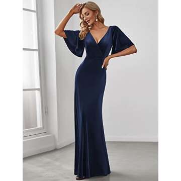 Ever-Pretty Women's Retro Evening Gown A Line V-Neck Wrap Velvet Long Formal Dresses Navy Blue US16