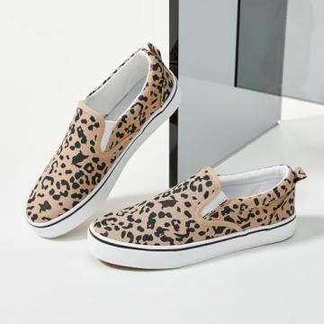 Women's Canvas Slip On Sneakers Fashion Flats Shoes White Canvas Shoes (Leopard, US8)