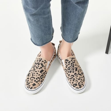 Women's Canvas Slip On Sneakers Fashion Flats Shoes White Canvas Shoes (Leopard, US8)