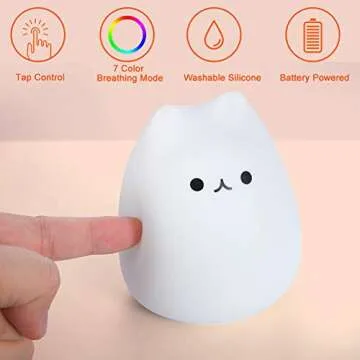 LUNSY Cat Night Light, LED Cute Silicone cat lamp with Color Changing Tap Control Battery Operated for Kids Baby Girl Children Toddler.