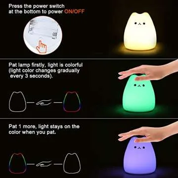 LUNSY Cat Night Light, LED Cute Silicone cat lamp with Color Changing Tap Control Battery Operated for Kids Baby Girl Children Toddler.