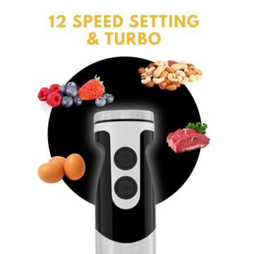 MegaWise Stainless Steel Titanium Reinforced 3-in-1 Immersion Hand Blender, Powerful with 80% Sharper Blades, 12-Speed Corded Blender, Including Whisk and Milk Frother (3-in 1 Black)