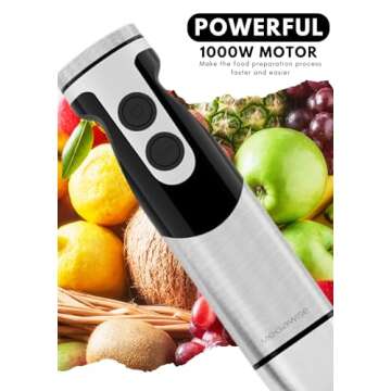 MegaWise Stainless Steel Titanium Reinforced 3-in-1 Immersion Hand Blender, Powerful with 80% Sharper Blades, 12-Speed Corded Blender, Including Whisk and Milk Frother (3-in 1 Black)
