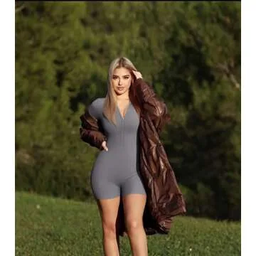 OQQ Women Rompers Ribbed Short Sleeve Zip Front Stretch Tummy Control Yoga Workout Rompers Smoke grey