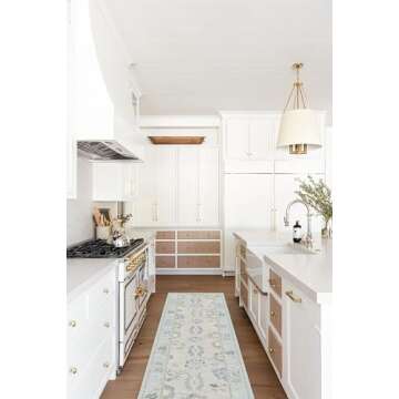 Cream Blue Oushak Runner Rug, Modern Runners, Vintage, Turkish, Eclectic, Floral, Pastel, Washable, ...