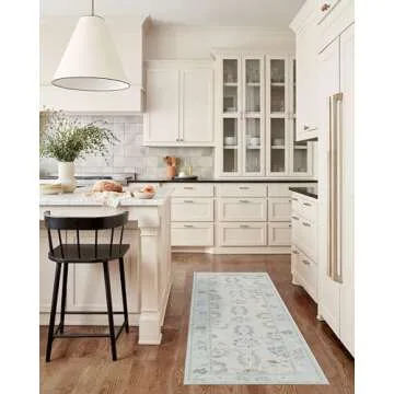 Cream Blue Oushak Runner Rug, Modern Runners, Vintage, Turkish, Eclectic, Floral, Pastel, Washable, Long Runner Rugs for Hallway, Kitchen, Living Room, Bedroom, Kitchen, Bathroom, 2'5"x13'