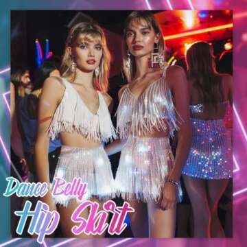 COSYDAYS Sparkly Sequin Skirt Silver Fringe Skirts Tassel Belly Dance Skirt for Women