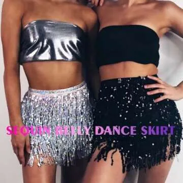 COSYDAYS Sparkly Sequin Skirt Silver Fringe Skirts Tassel Belly Dance Skirt for Women