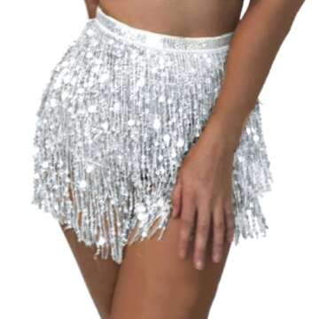 COSYDAYS Sparkly Sequin Skirt Silver Fringe Skirts Tassel Belly Dance Skirt for Women